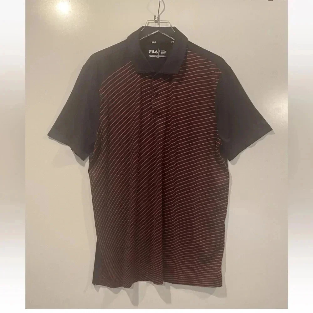 Fila Mens Polo Shirt Large Black Red Diagonal Stripe Golf Tennis Activewear 0110